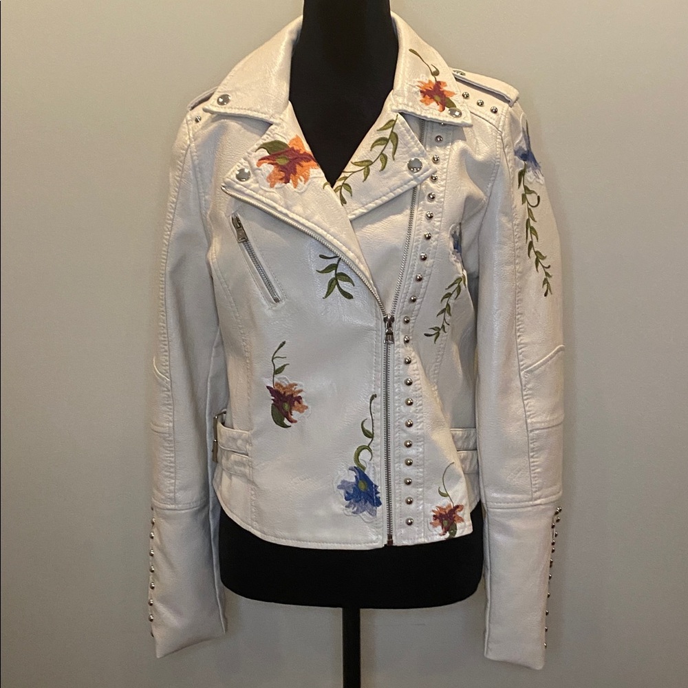 Embroidered faux leather moto jacket with studs